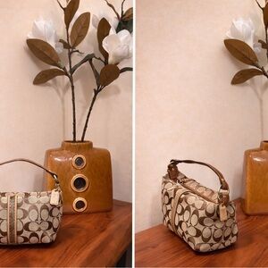 Coach Tan and Brown Signature Mini Bag